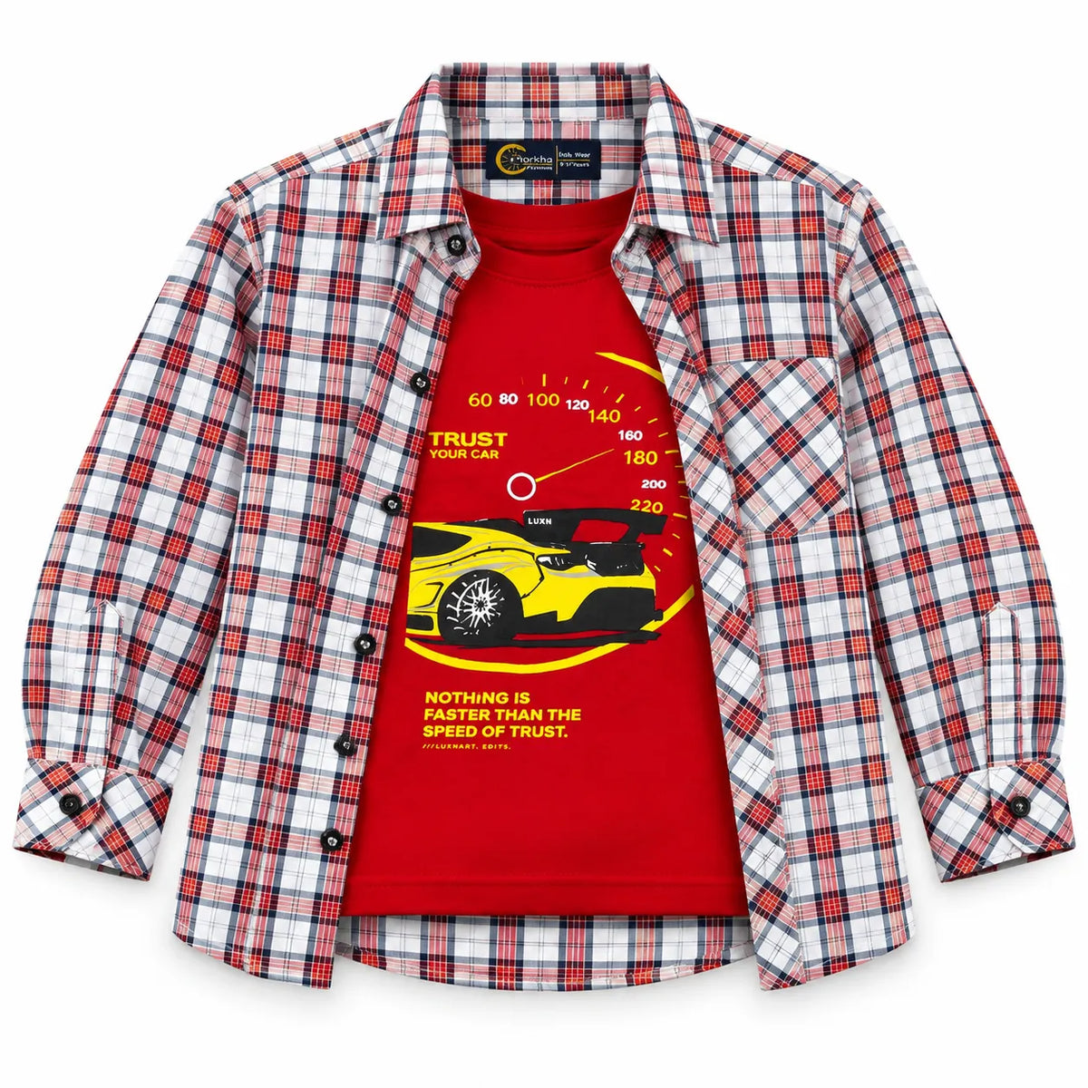 Boys Cotton Double Shirt Red Check with Racing Car Print (Size 1-12 Years)