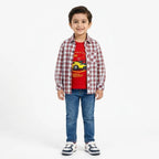 Boys Cotton Double Shirt Red Check with Racing Car Print (Size 1-12 Years)