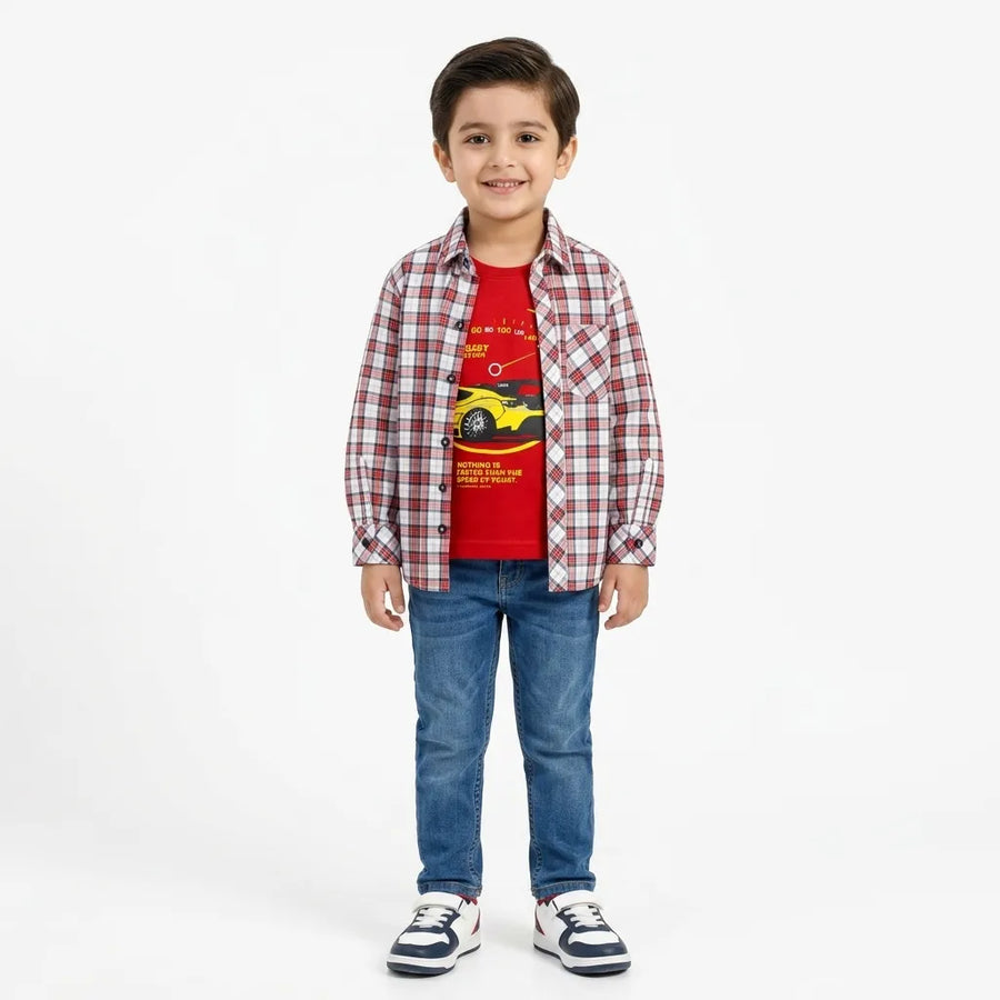 Boys Cotton Double Shirt Red Check with Racing Car Print (Size 1-12 Years)