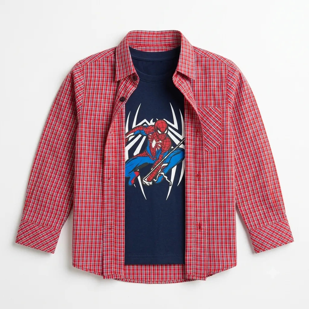 Boys Cotton Double Shirt Red Check with Spider Print (Size 1 - 12 Years)
