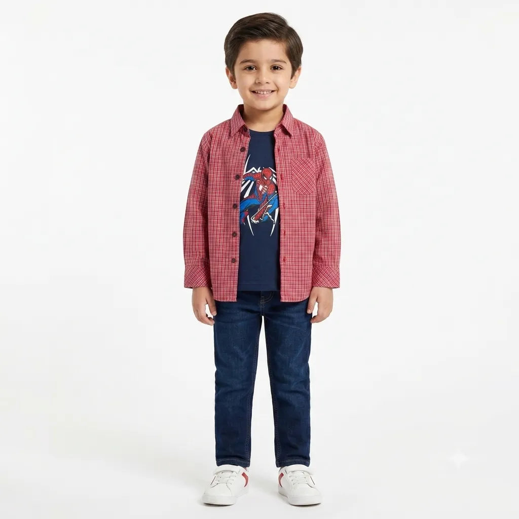 Boys Cotton Double Shirt Red Check with Spider Print (Size 1 - 12 Years)