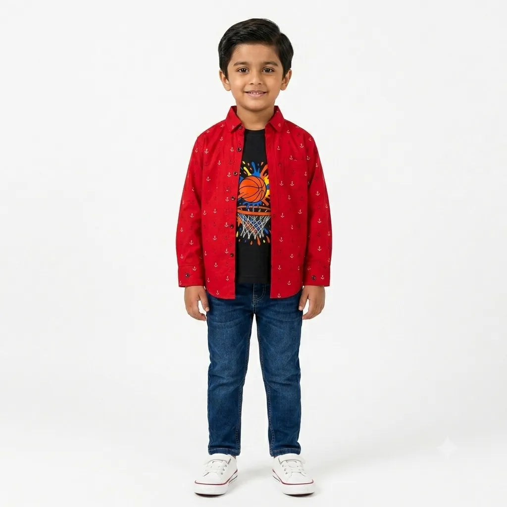 Boys Cotton Double Shirt Red with Basketball Print (Size 1 - 12 Years)