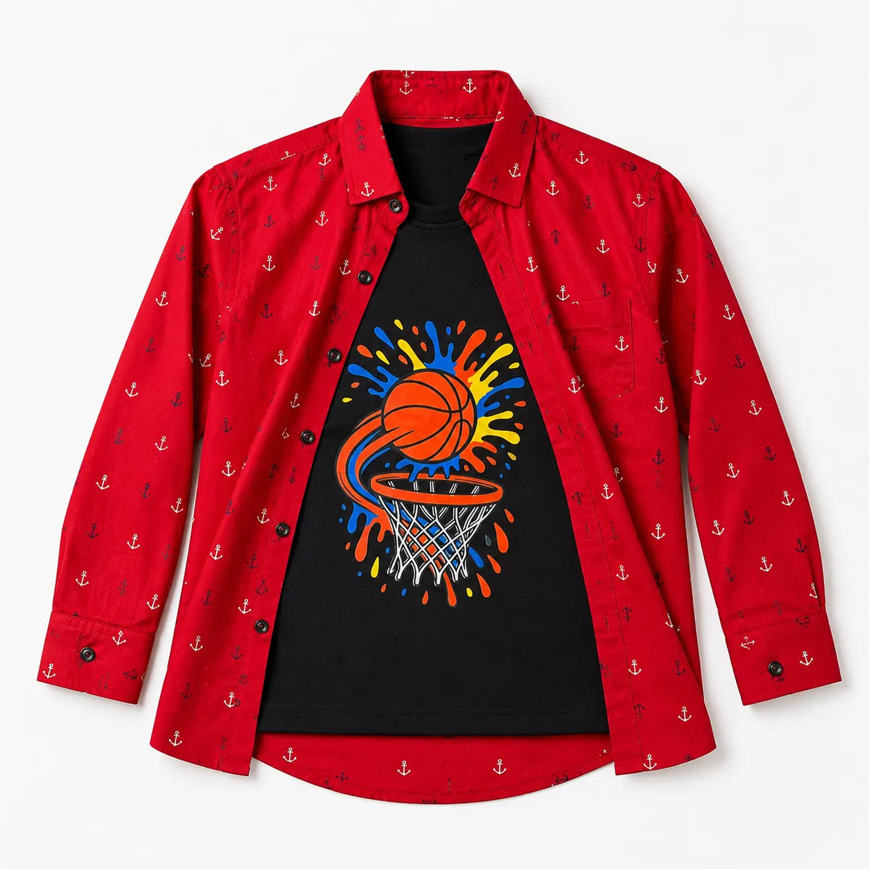 Boys Cotton Double Shirt Red with Basketball Print (Size 1 - 12 Years)
