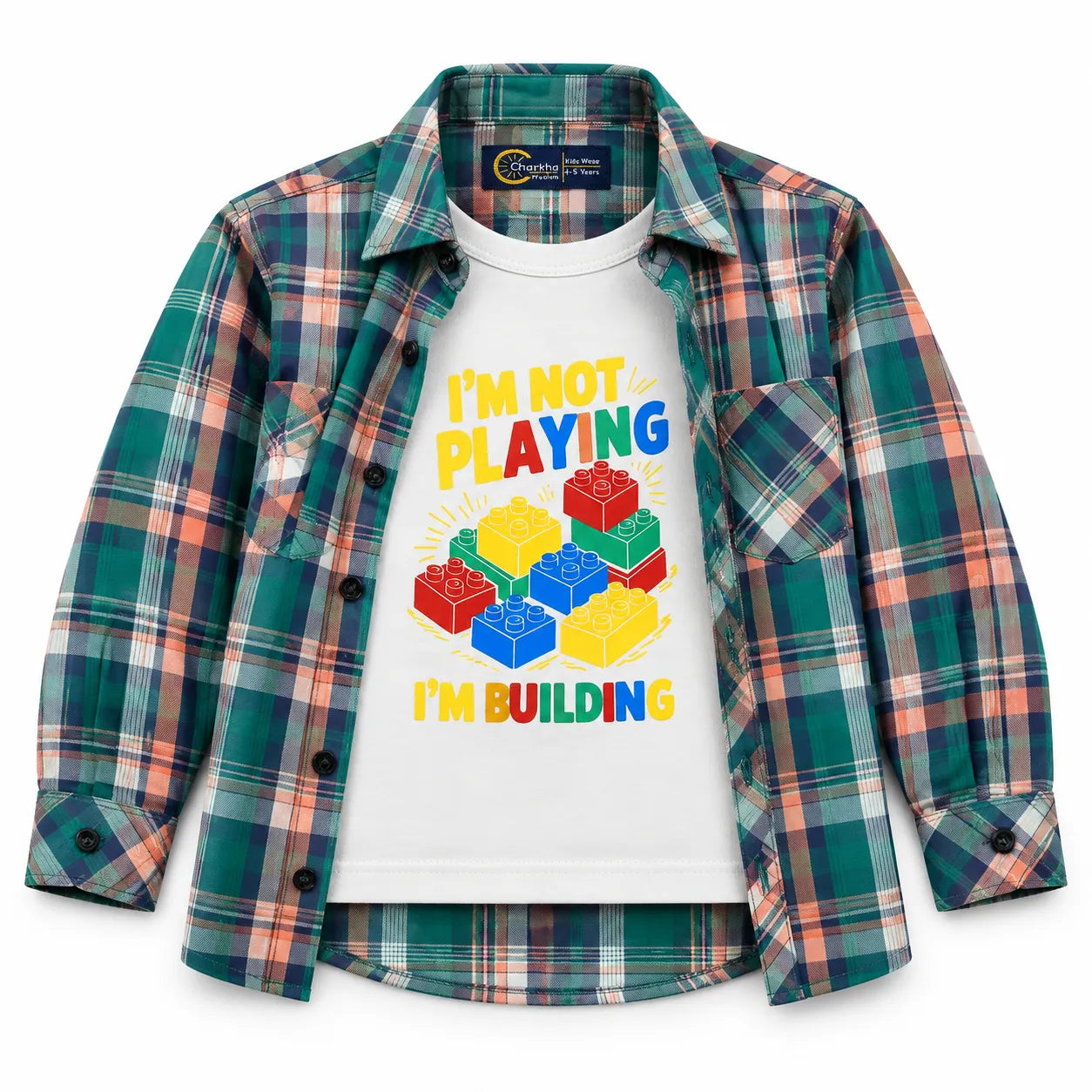 Boys Cotton Double Shirt Sea Green with Building Block Print (Size 1 - 12 Years)