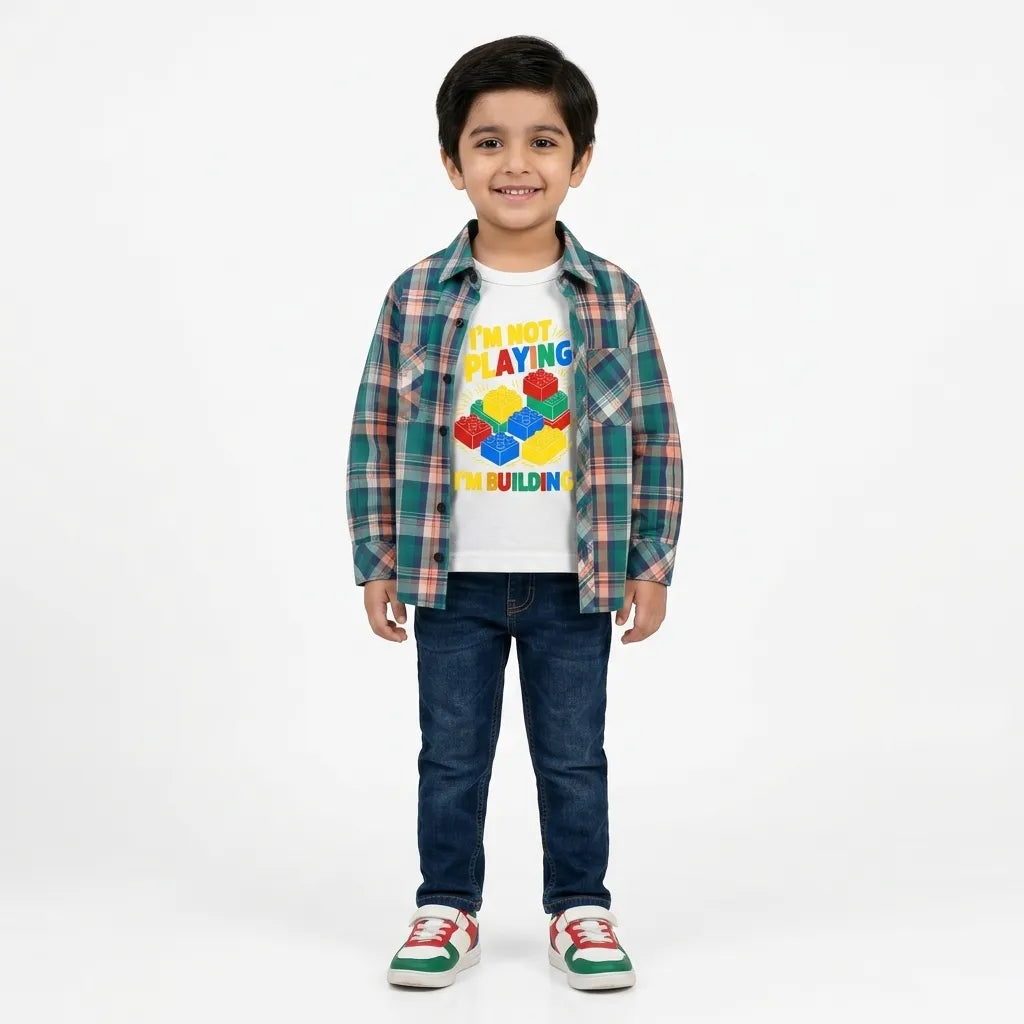 Boys Cotton Double Shirt Sea Green with Building Block Print (Size 1 - 12 Years)
