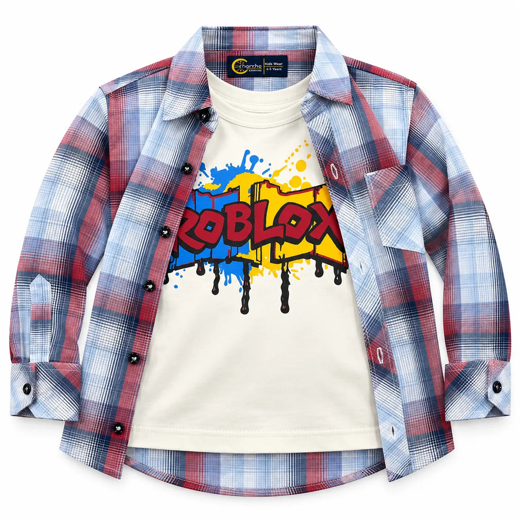 Boys Cotton Double Shirt Sky Blue & Red Check with Roblox Print (Size 1-12 Years)