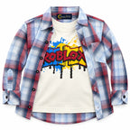 Boys Cotton Double Shirt Sky Blue & Red Check with Roblox Print (Size 1-12 Years)