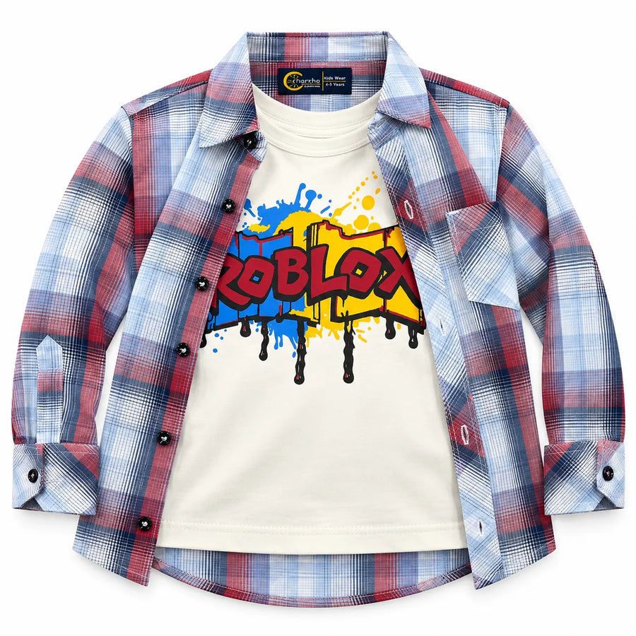 Boys Cotton Double Shirt Sky Blue & Red Check with Roblox Print (Size 1-12 Years)
