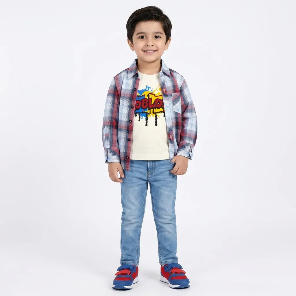 Boys Cotton Double Shirt Sky Blue & Red Check with Roblox Print (Size 1-12 Years)