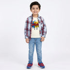Boys Cotton Double Shirt Sky Blue & Red Check with Roblox Print (Size 1-12 Years)