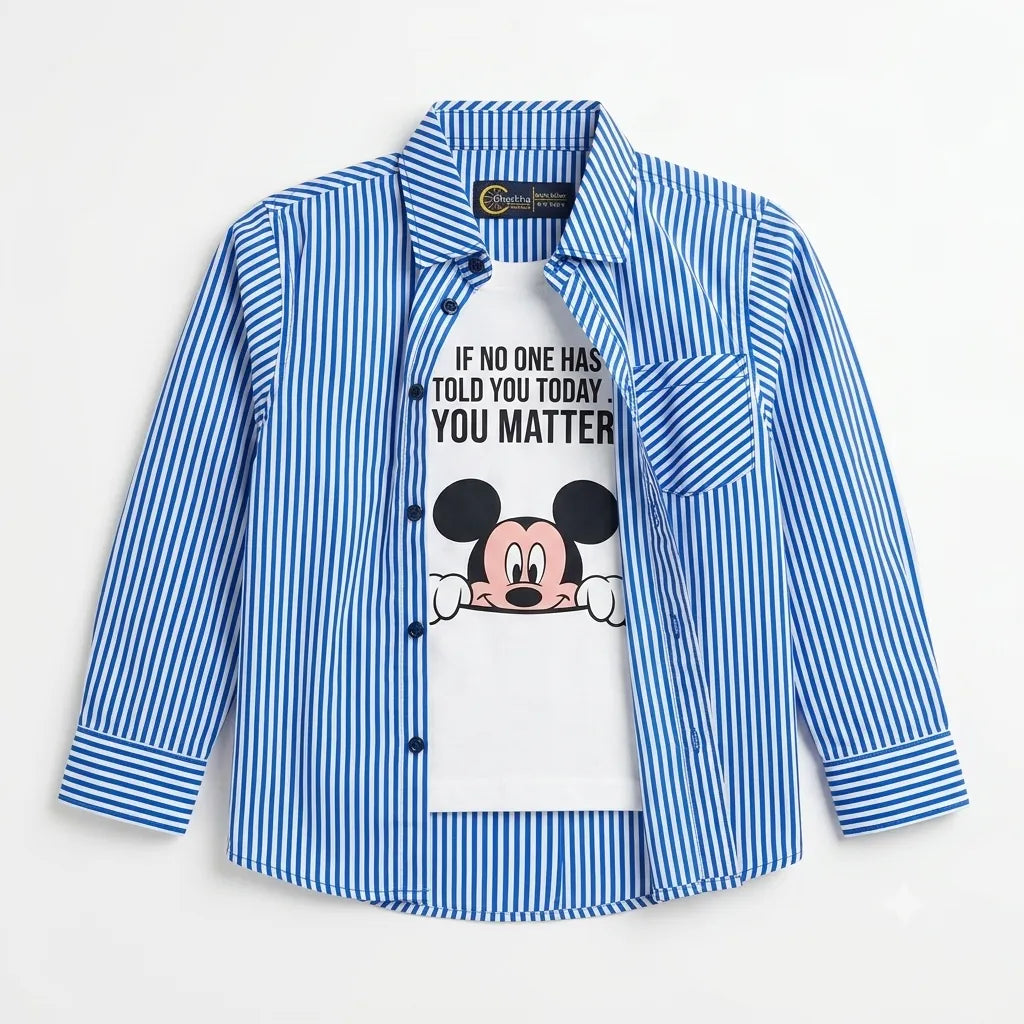 Boys Cotton Double Shirt Sky Blue with Mickey Print (Size 1 - 12 Years)
