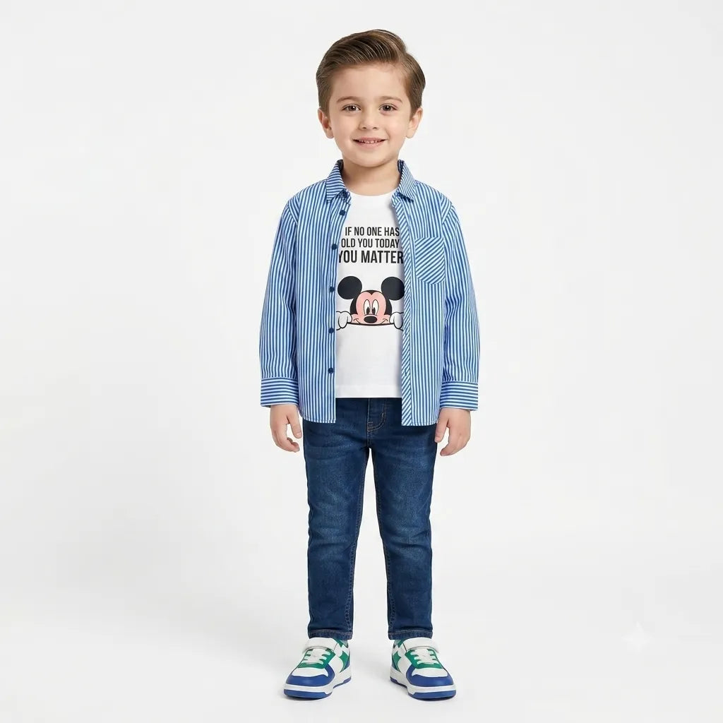 Boys Cotton Double Shirt Sky Blue with Mickey Print (Size 1 - 12 Years)