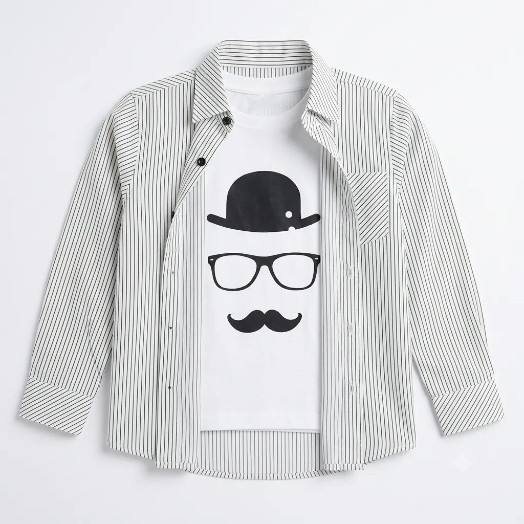 Boys Cotton Double Shirt White Lining with Mustache Print (Size 1 - 12 Years)