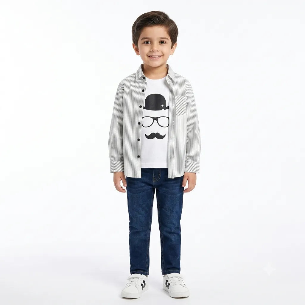 Boys Cotton Double Shirt White Lining with Mustache Print (Size 1 - 12 Years)
