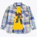 Boys Cotton Double Shirt Yellow & Blue Check with Tranformer Print (Size 1-12 Years)