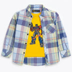 Boys Cotton Double Shirt Yellow & Blue Check with Tranformer Print (Size 1-12 Years)