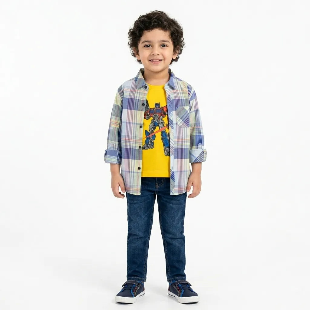 Boys Cotton Double Shirt Yellow & Blue Check with Tranformer Print (Size 1-12 Years)