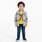 Boys Cotton Double Shirt Yellow & Blue Check with Tranformer Print (Size 1-12 Years)