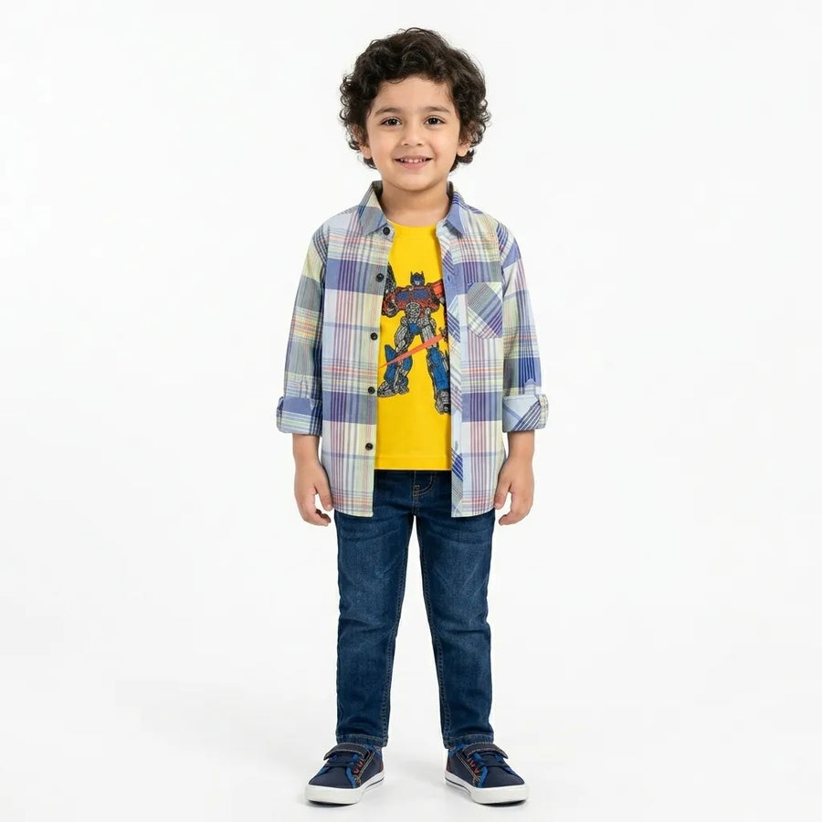 Boys Cotton Double Shirt Yellow & Blue Check with Tranformer Print (Size 1-12 Years)