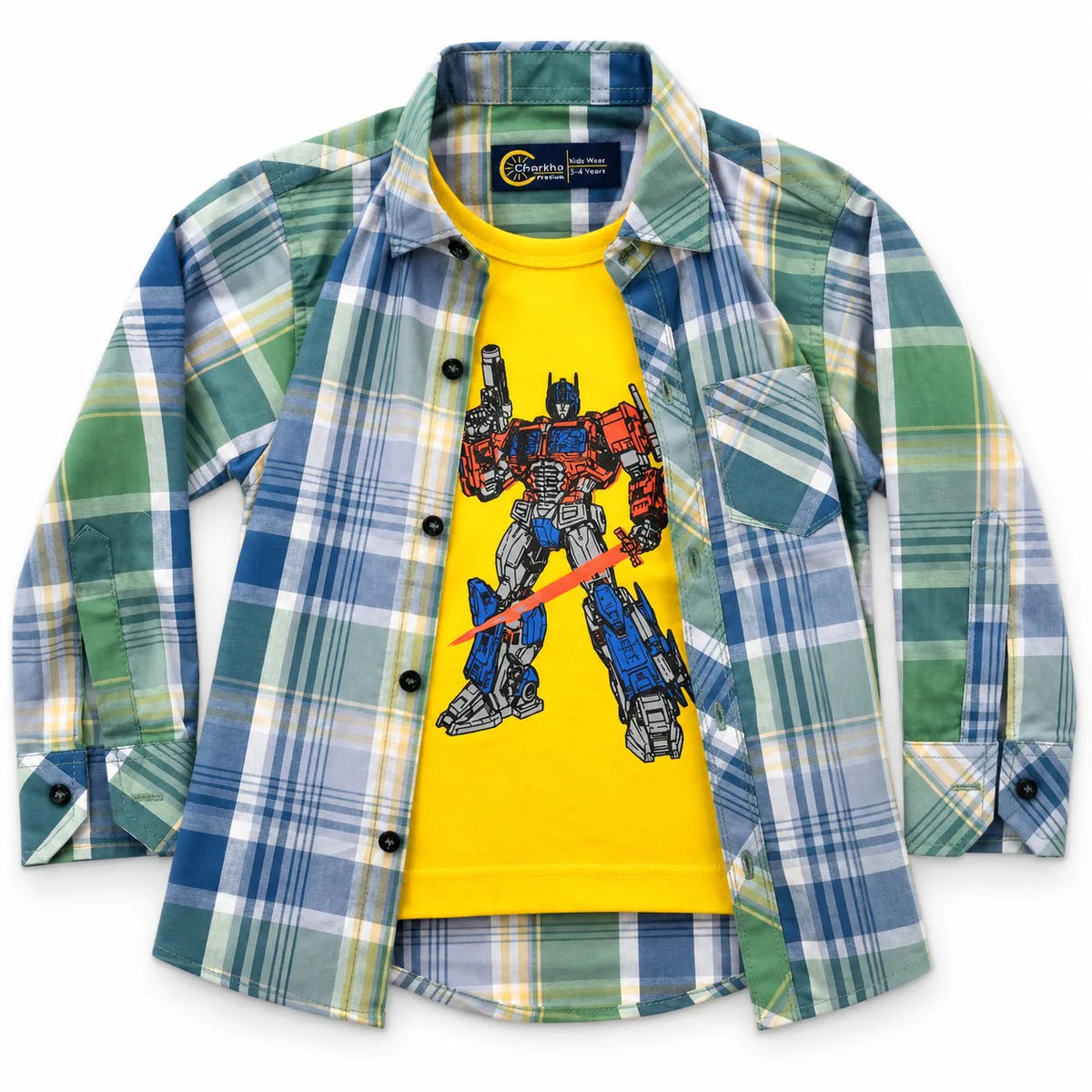 Boys Cotton Double Shirt Yellow & Green Check with Transformer Print (Size 1 - 12 Years)