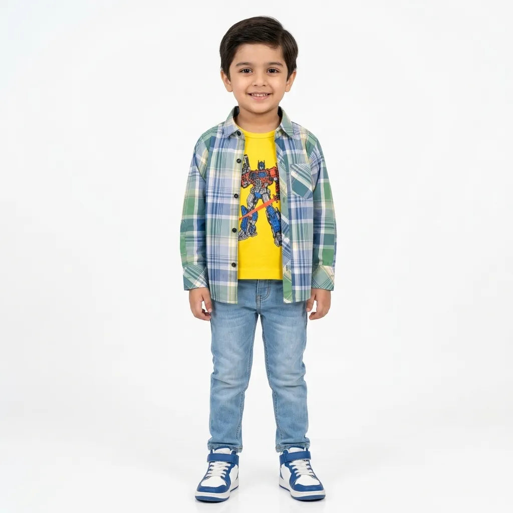 Boys Cotton Double Shirt Yellow & Green Check with Transformer Print (Size 1 - 12 Years)