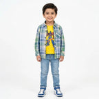 Boys cotton double shirt with yellow and green check pattern and transformer print, suitable for ages 1 to 12 years.