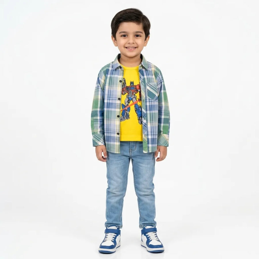 Boys Cotton Double Shirt Yellow & Green Check with Transformer Print (Size 1 - 12 Years)