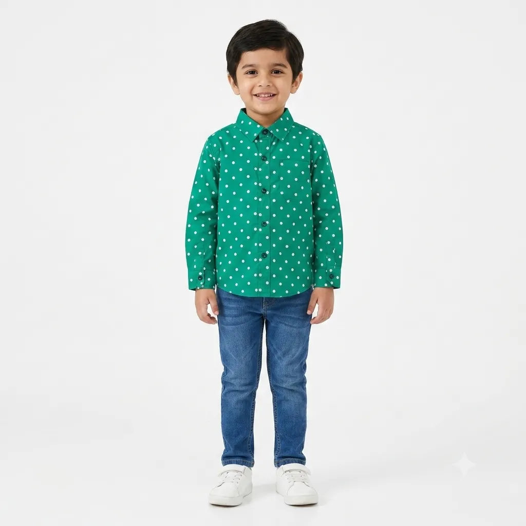 Boys Cotton Formal Shirt Green with White Dots Print (Size 1 - 12 Years)