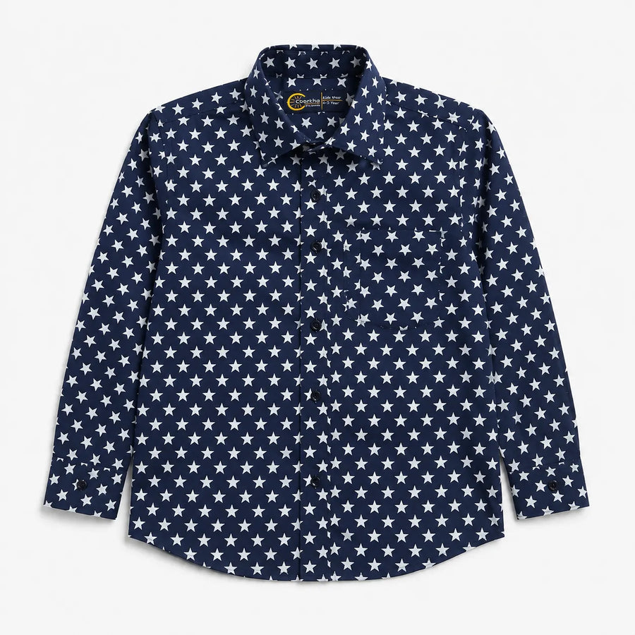 Boys Cotton Formal Shirt Navy Blue Star Print (Size 1 - 12 Years)
