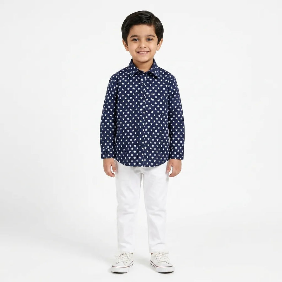 Boys Cotton Formal Shirt Navy Blue Star Print (Size 1 - 12 Years)