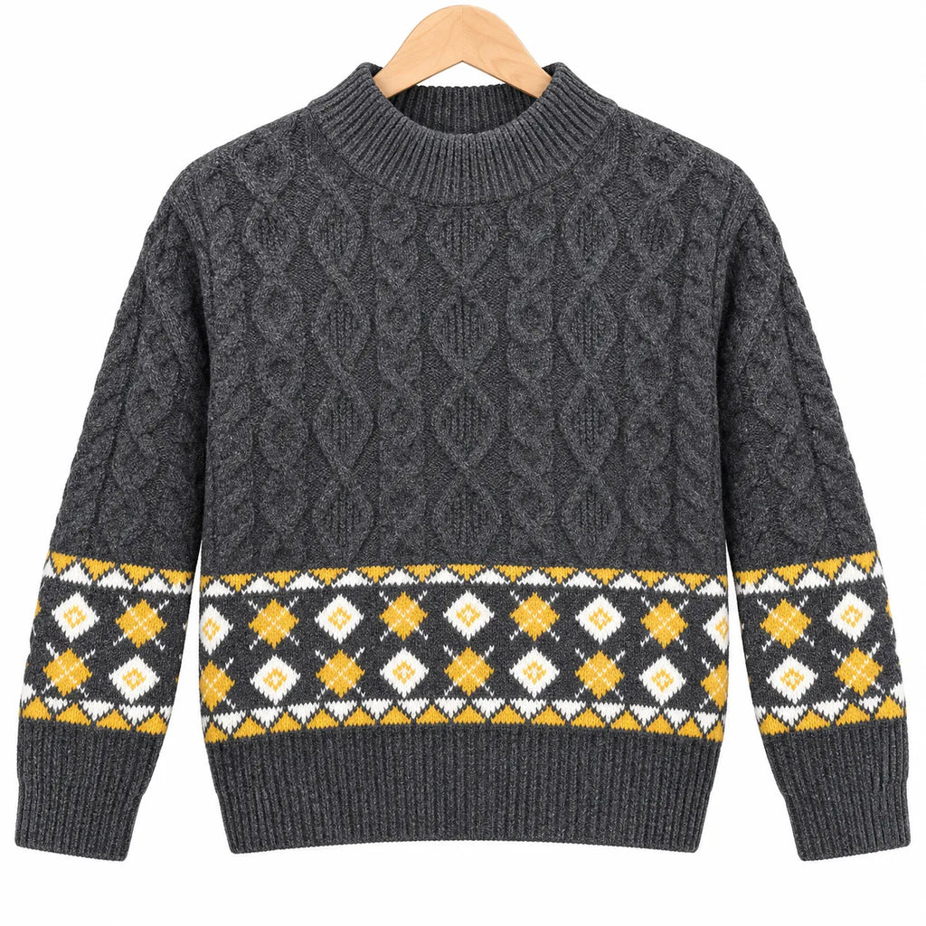 Boys Dark Grey Winter Sweater with Cable Knit Pattern (Size 1 - 4 Years)