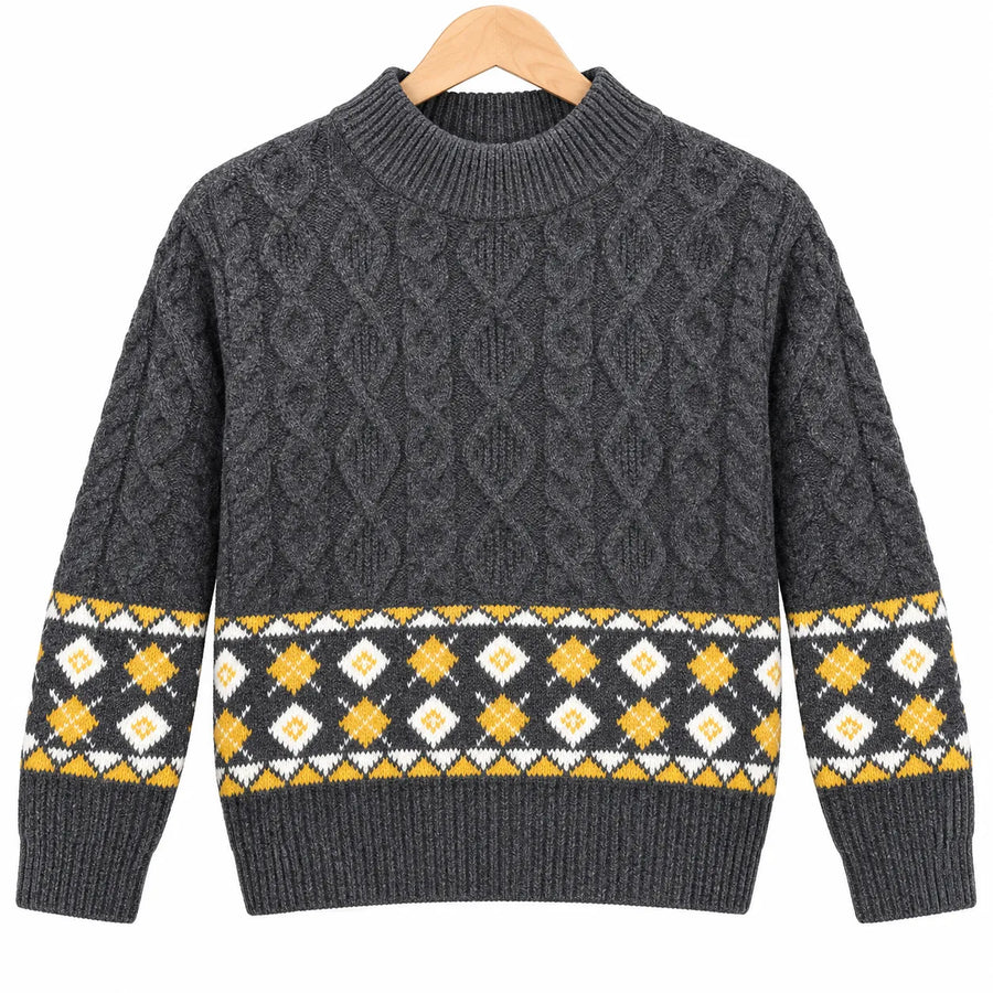 Boys Dark Grey Winter Sweater with Cable Knit Pattern (Size 1 - 4 Years)