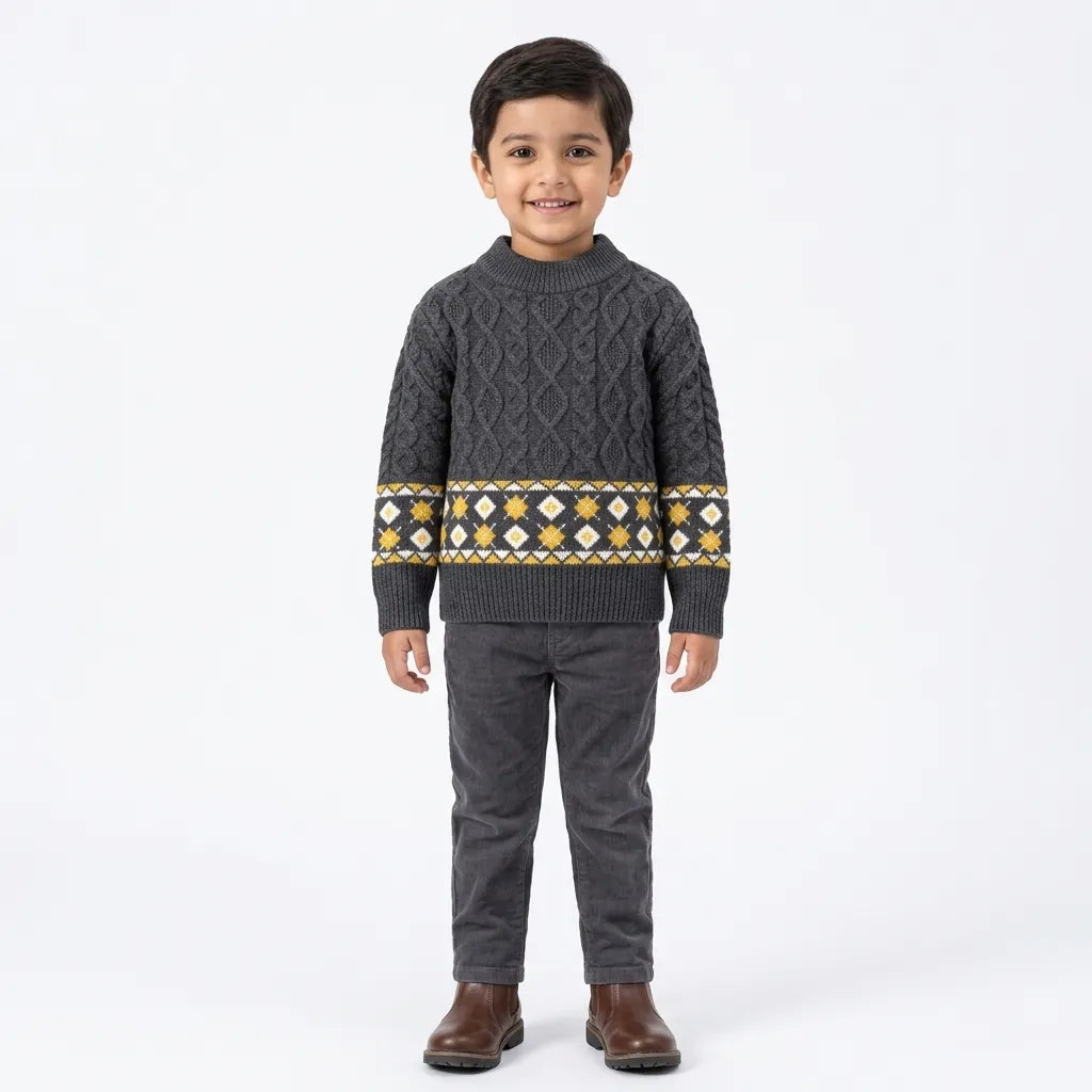 Boys Dark Grey Winter Sweater with Cable Knit Pattern (Size 1 - 4 Years)