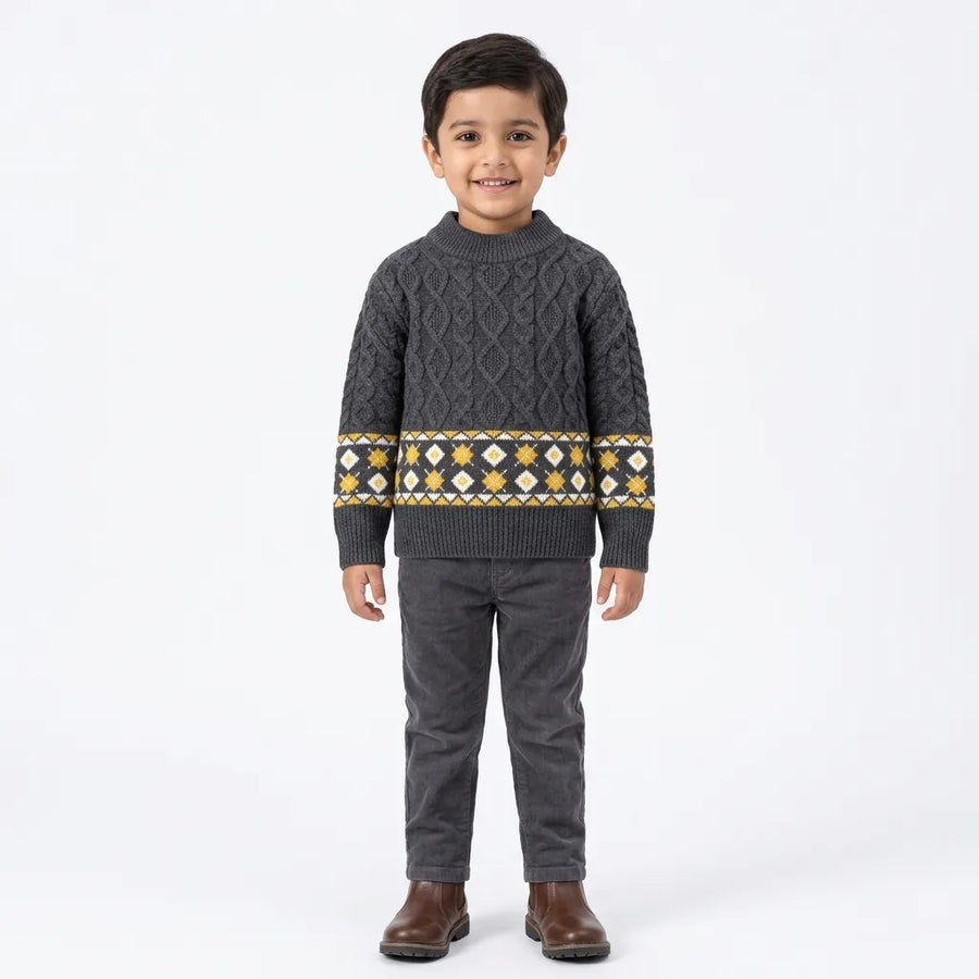 Boys Dark Grey Winter Sweater with Cable Knit Pattern (Size 1 - 4 Years)