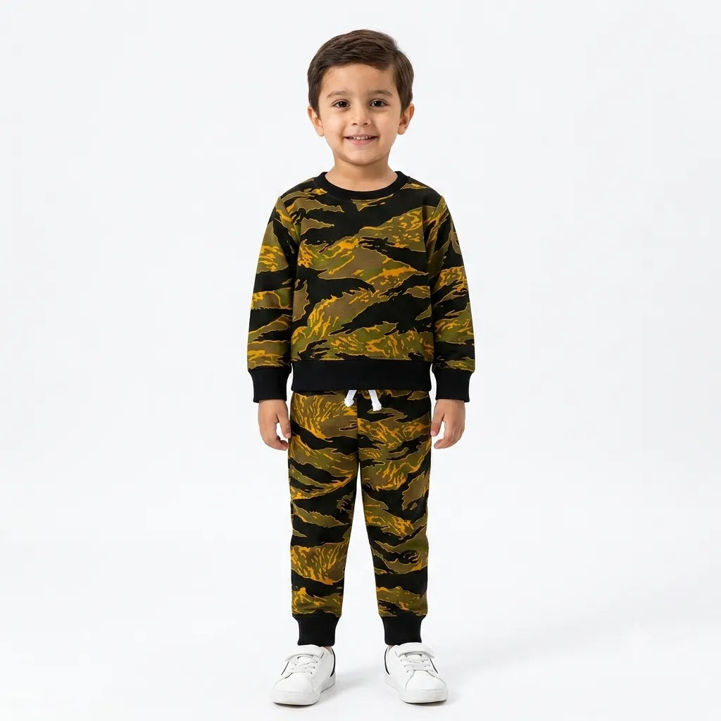 Green and black camouflage fleece winter coord set for kids by Lil Cubs