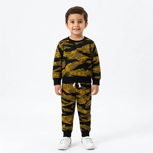 Green and black camouflage fleece winter coord set for kids by Lil Cubs