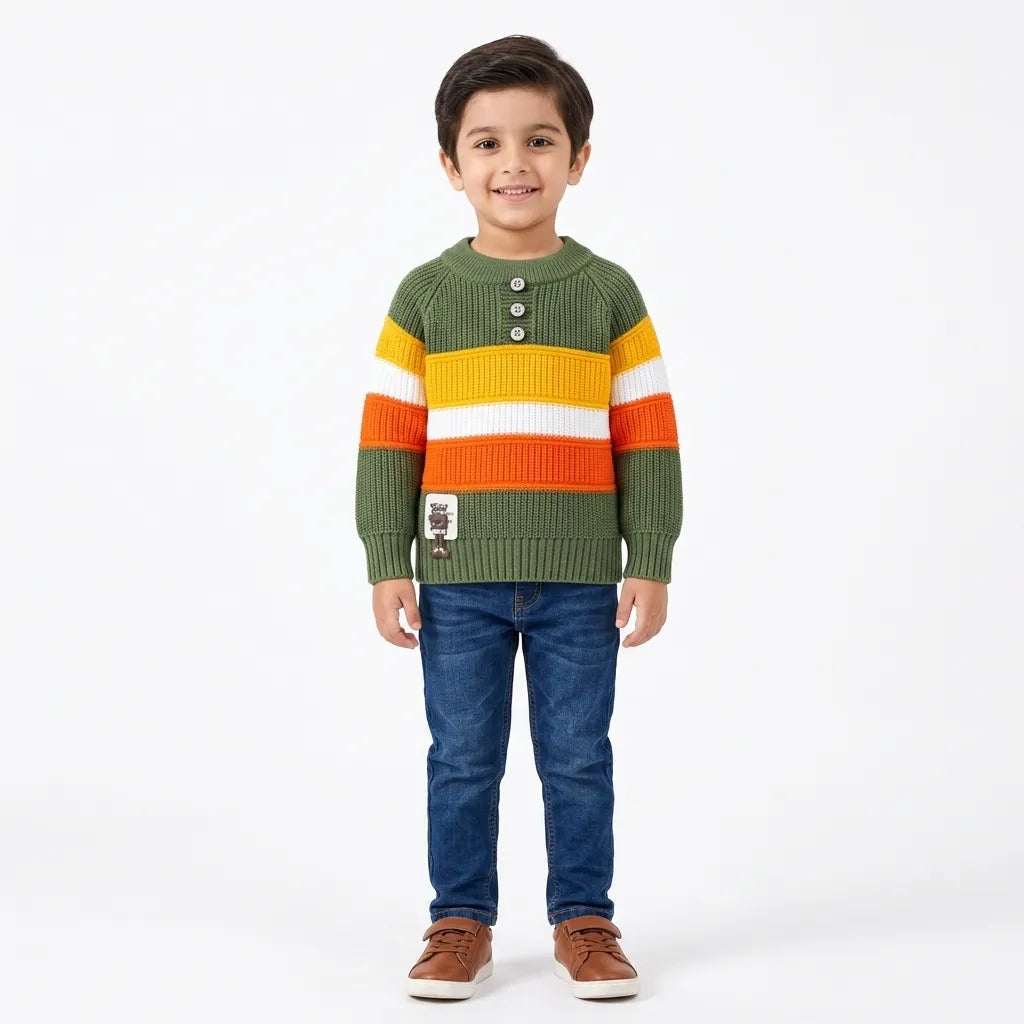 Boys Green Winter Sweater with Striped Design (Size 1 - 4 Years)