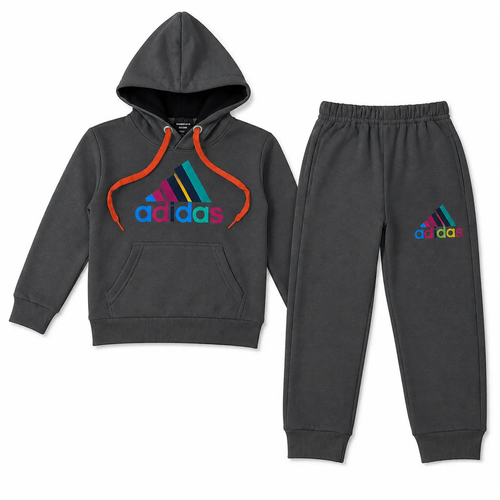 Boys grey Adidas hoodie and fleece trouser set by Lil' Cubs for ages 1 to 12, featuring a comfortable, casual design.