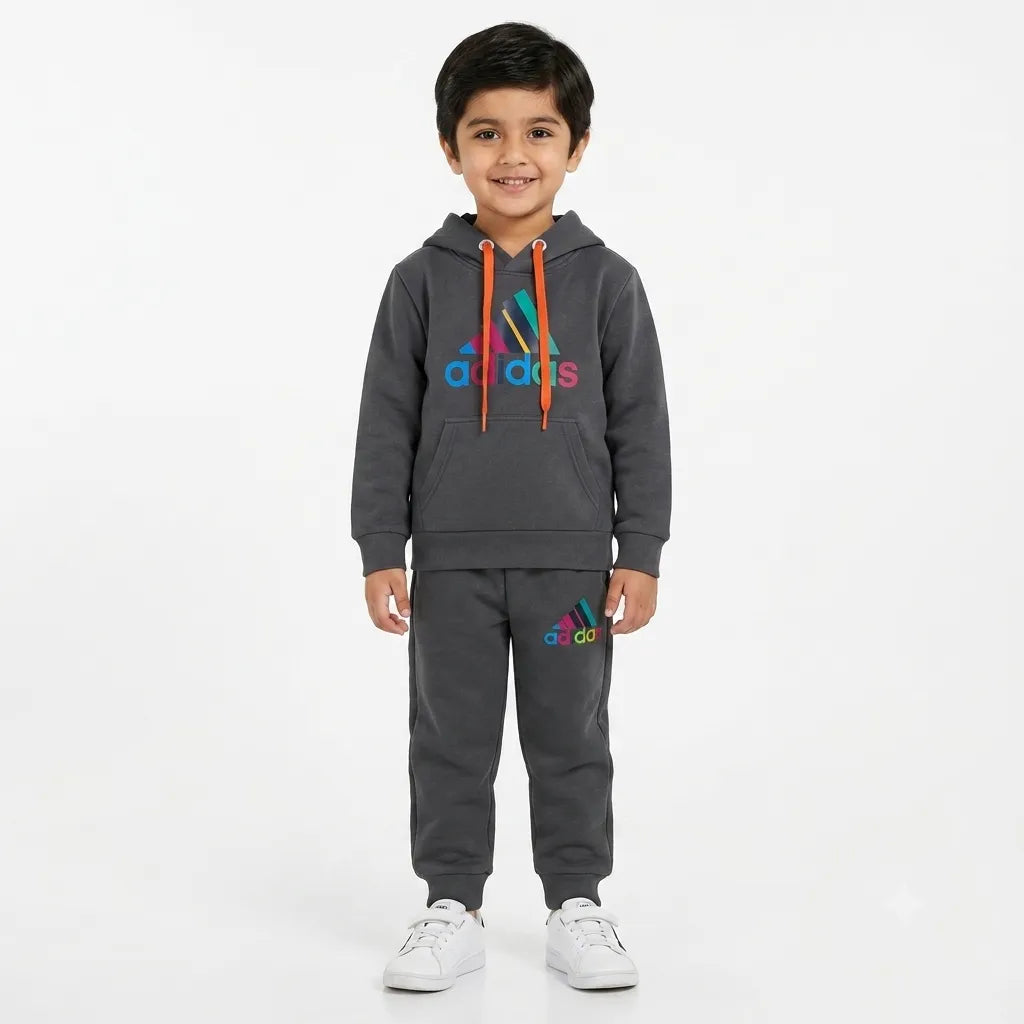 Boys grey Adidas hoodie and fleece trouser coordinate set by Lil' Cubs, size 1-12 years, shown on a child.
