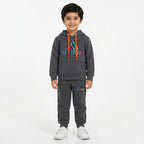 Boys grey Adidas hoodie and fleece trouser coordinate set by Lil' Cubs, size 1-12 years, shown on a child.