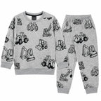 Boys grey fleece construction winter coord set by Lil Cubs for ages 1 to 12, featuring a hoodie and matching pants with construction print