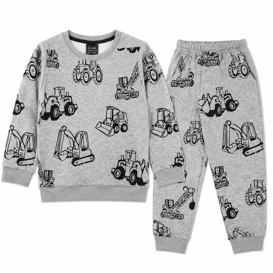 Boys grey fleece construction winter coord set by Lil Cubs for ages 1 to 12, featuring a hoodie and matching pants with construction print