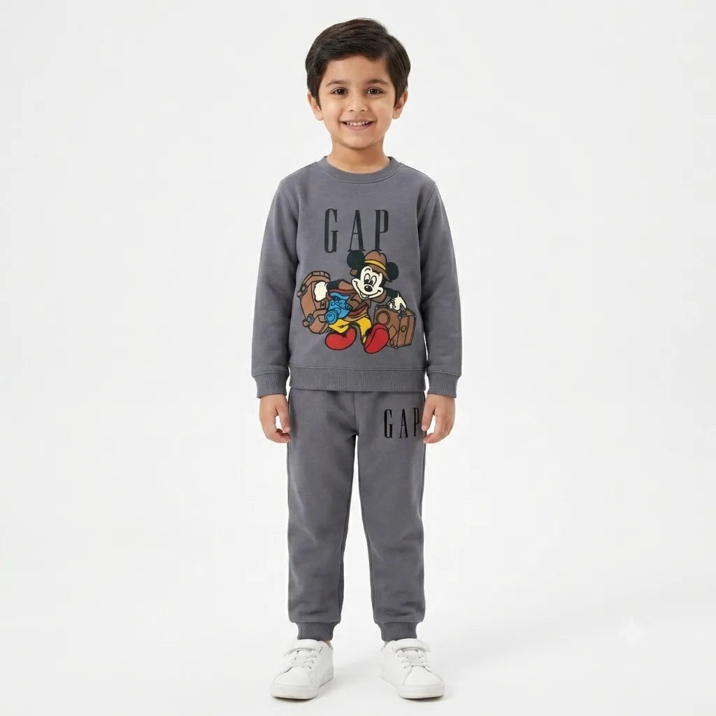Boys grey fleece trouser from Lil' Cubs GAP winter coord set, size 1 to 12 years, shown on a hanger with front view