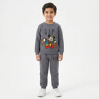 Boys grey fleece trouser from Lil' Cubs GAP winter coord set, size 1 to 12 years, shown on a hanger with front view