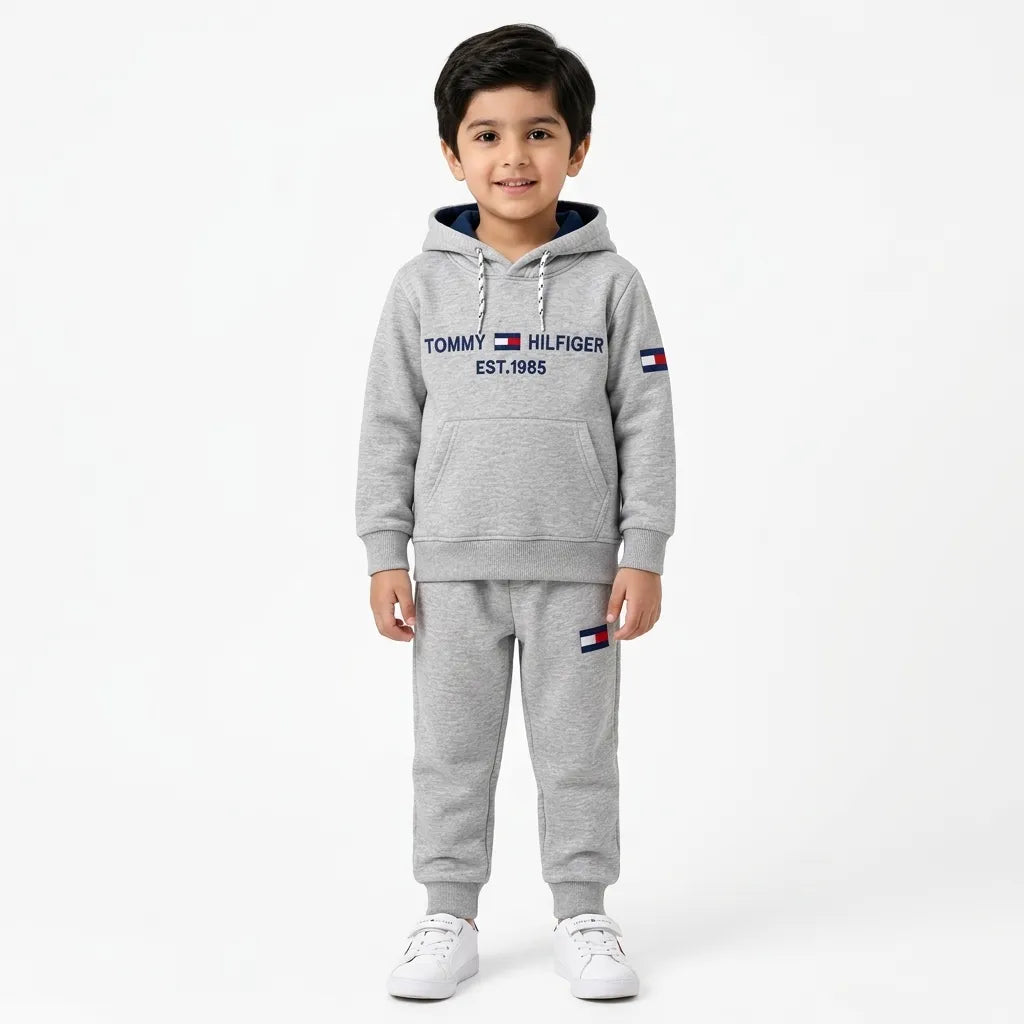 Boys Grey Tommy & Hilfiger Hoodie Winter Coord Set (2 Piece) - Size 1 - 12 Years