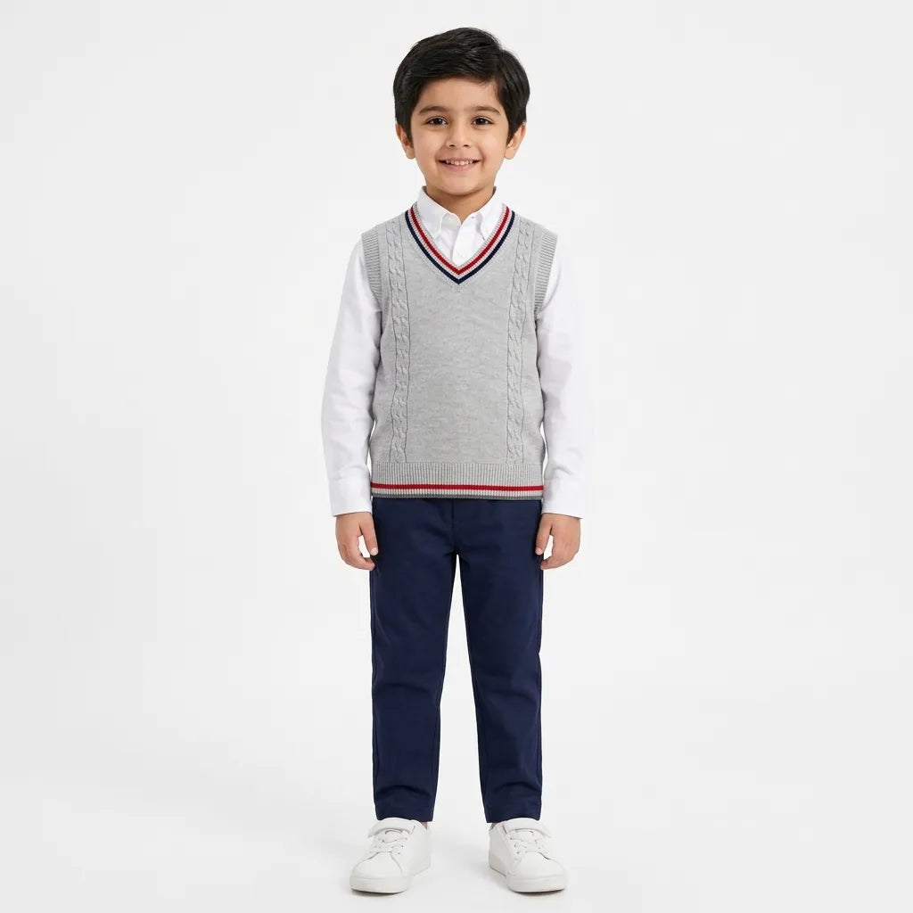 Boys Grey Winter Sleeveless Sweater with V-Neck Pattern (Size 3 - 7 Years)