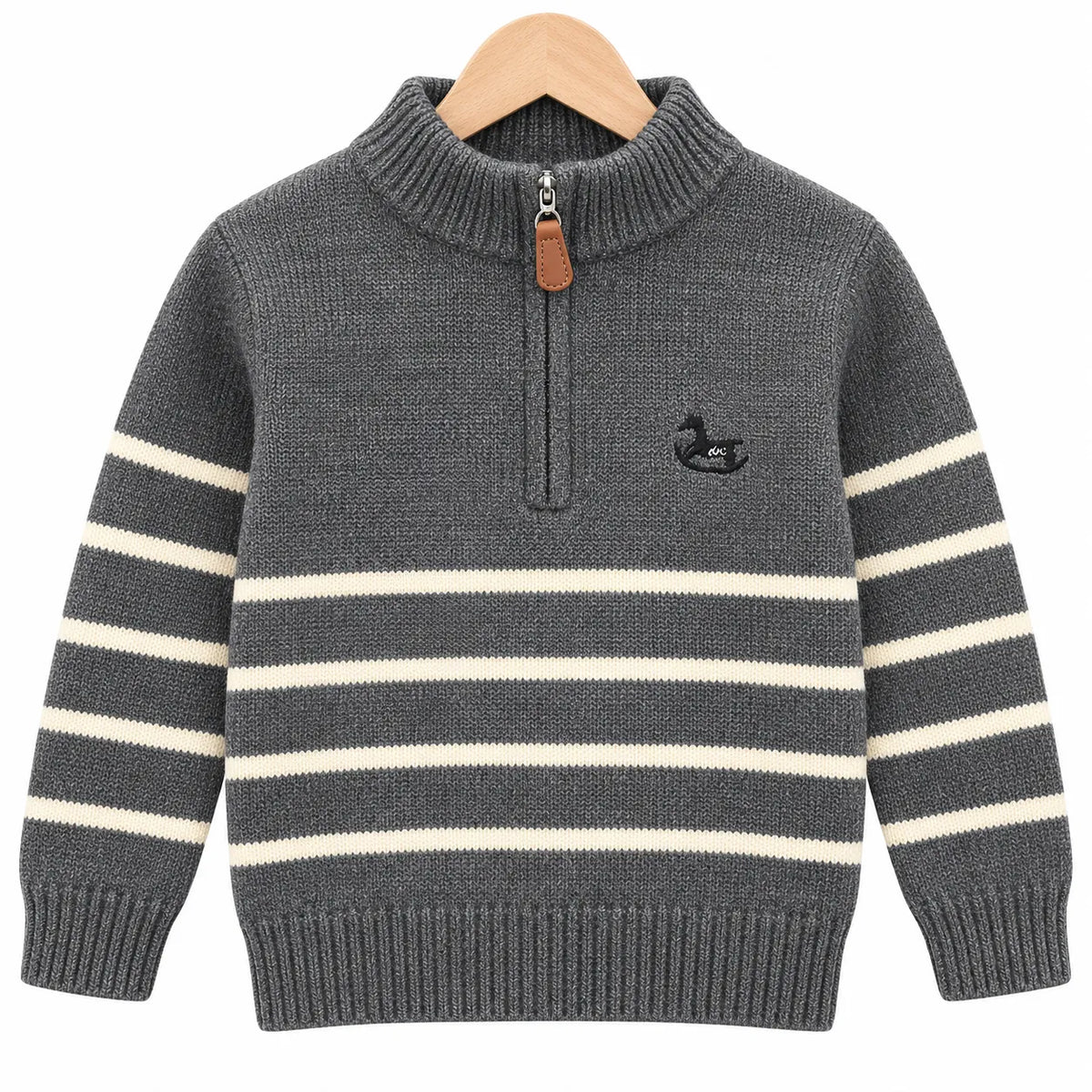 Boys Grey Winter Sweater with Striped Pattern & Horse Design (Size 1 - 4 Years)