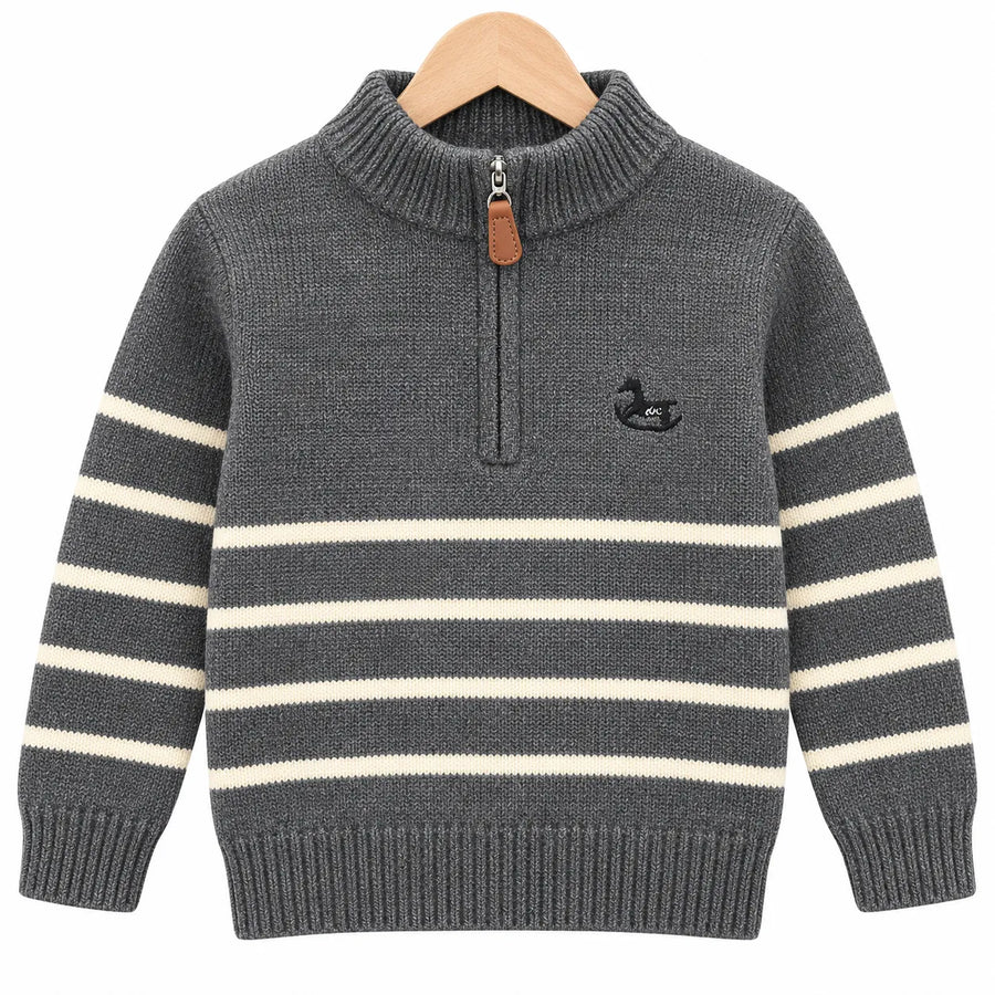 Boys Grey Winter Sweater with Striped Pattern & Horse Design (Size 1 - 4 Years)