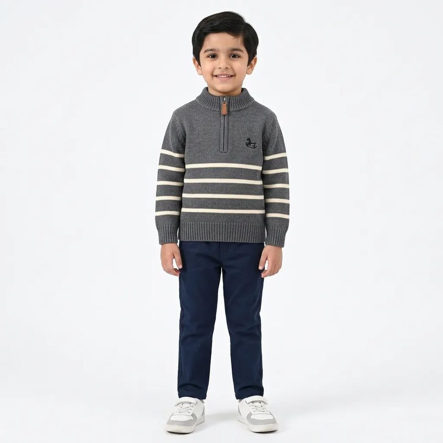 Boys Grey Winter Sweater with Striped Pattern & Horse Design (Size 1 - 4 Years)