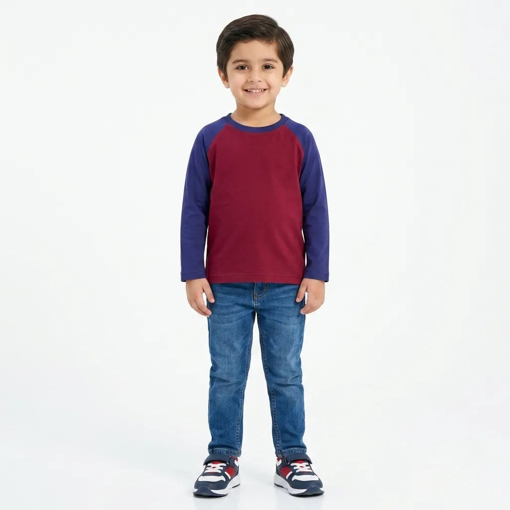 Boys Maroon & Blue Full Sleeves Cotton T-Shirt (Size 9 Months - 12 Years)